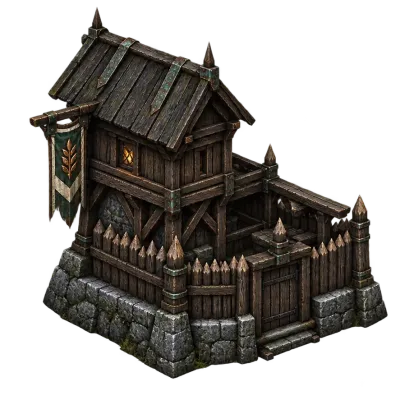 Illustrated Torvayne Waystead: a small timber palisade with a green banner.
