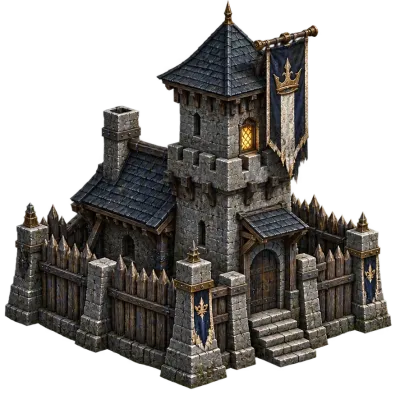 Illustrated Velmoran Warden's Post: a small grey stone tower with a navy banner.